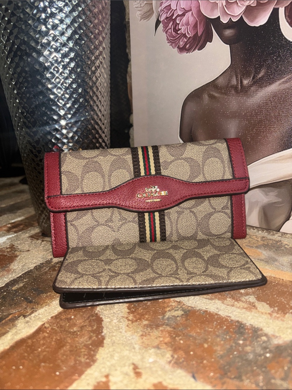 Coach Signature Canvas Trifold Wallet with Burgundy Trim and Stripe